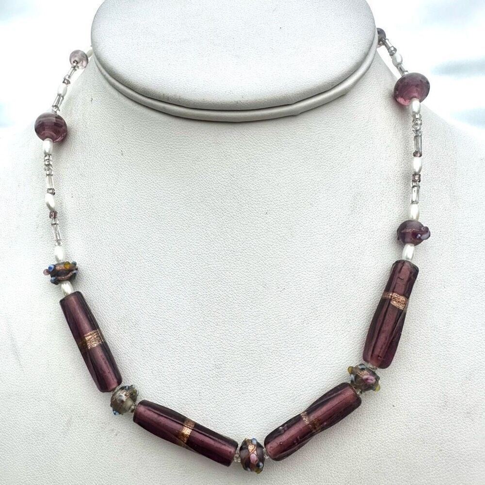 Purple faux pearl  glass beaded necklace